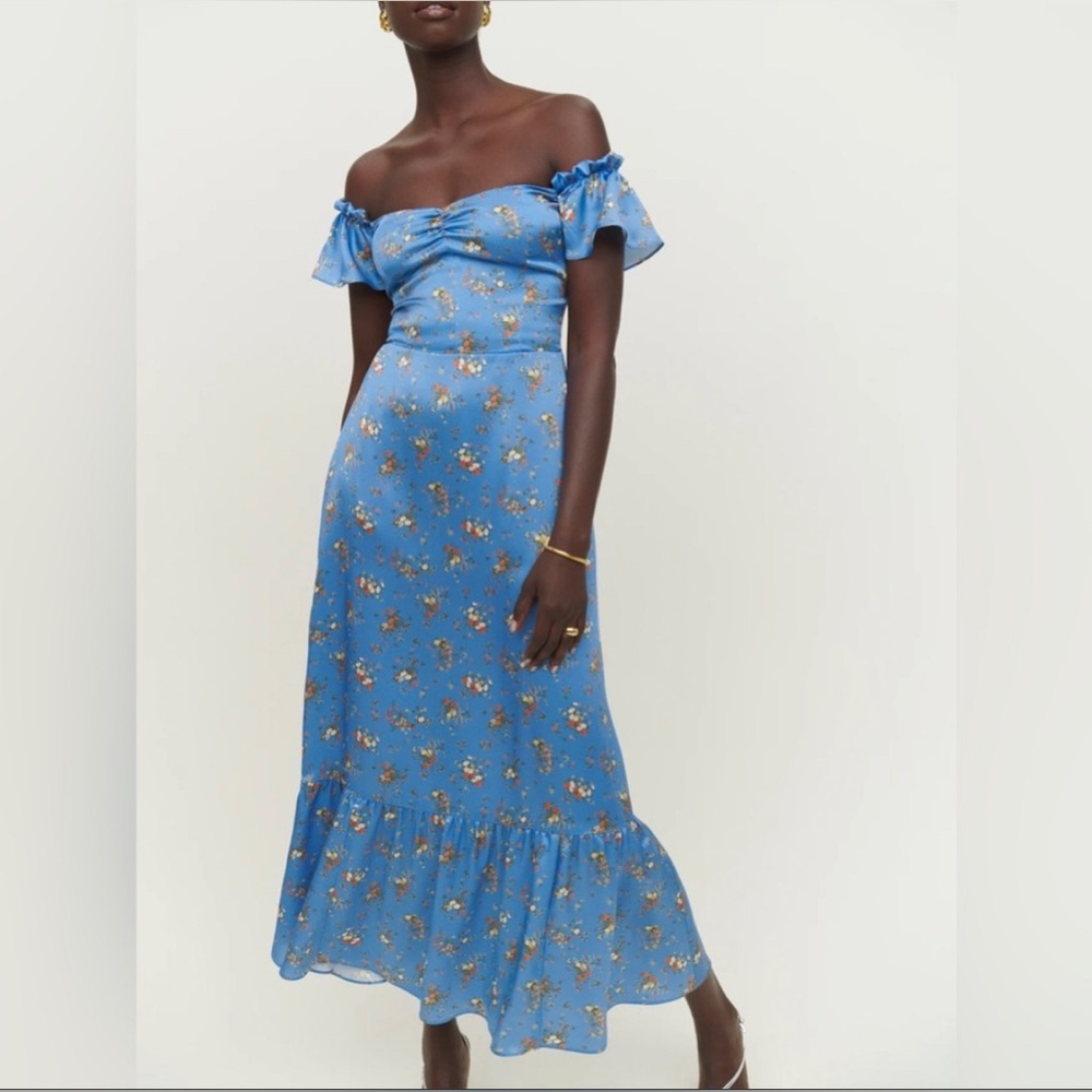 Reformation Blue Sianna Silk Dress “Rory” Ditsy Floral Midi off shoulder ruffles